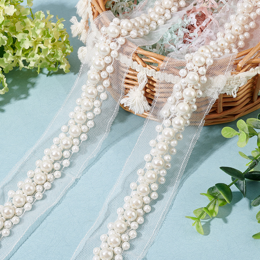 CRASPIRE 1 Bag 2 Yards/1.82m Pearl Beaded Trim 46mm White Polyester Mesh  Lace Applique Trim, Bridal Dress Edging Trim with Pearls, Decorative Lace  Trim for Wedding Bridal Sashes Belt Dress