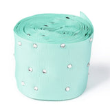 1 Roll Polyester Grosgrain Ribbon, with Single Face Crystal Rhinestone, for Crafts Gift Wrapping, Party Decoration, Turquoise, 2 inch(52mm), 5 yards/roll(4.57m/roll)