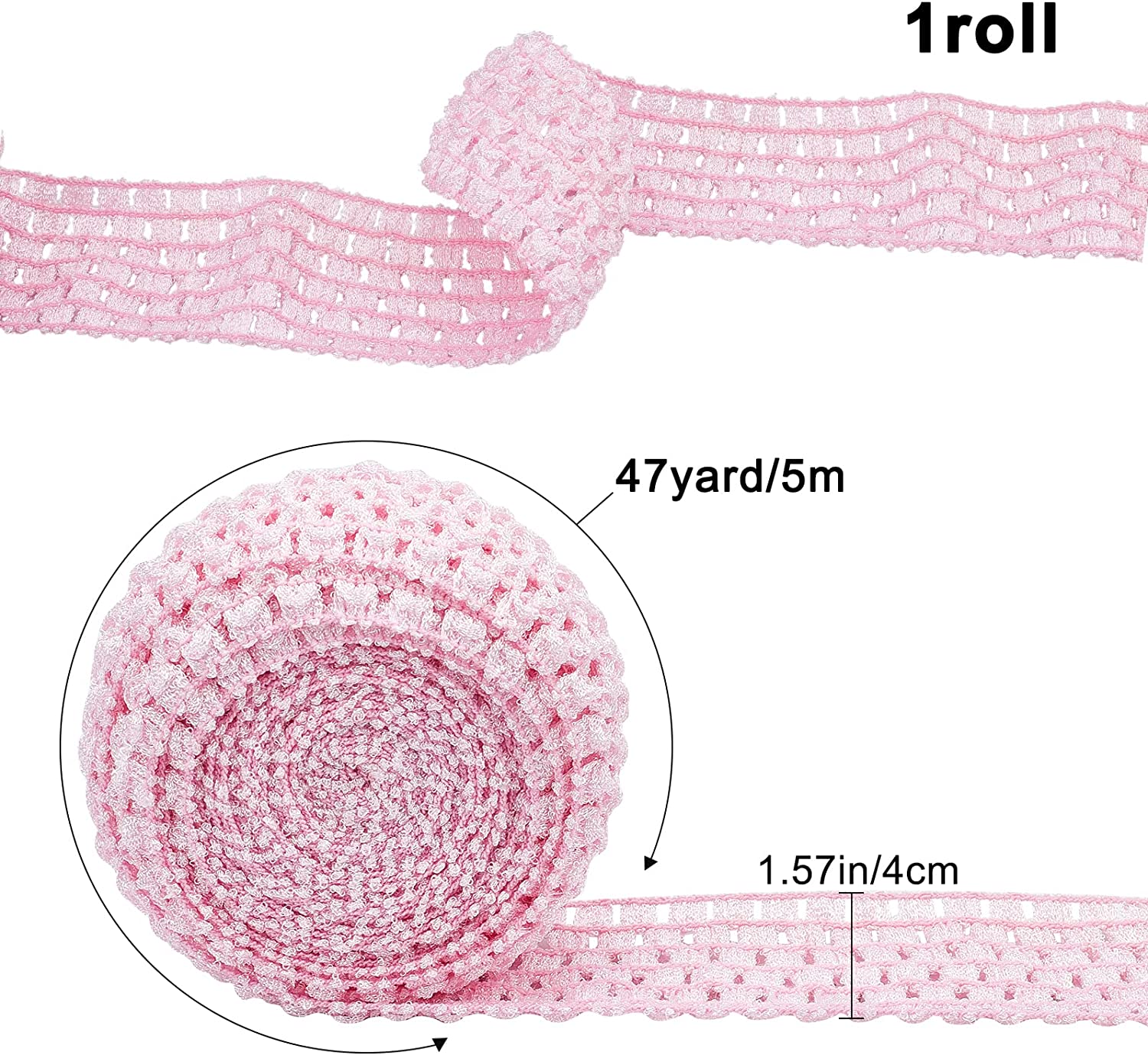 5.5 Yards 1.7 Wide Elastic Crochet Headband Ribbon Crochet Stretch Trim Fabric for Hair Accessories Tube Top, Light Pink