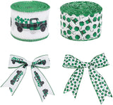 2 Rolls Single Face Polyester Ribbon, 2-1/2 X 10 Yds Clover & Car Pattern Printed Ribbons, Wired Edge Ribbons for Wrapping ,Hair Bows, Packaging, Party, Patrick's Day Decoration ( Green )