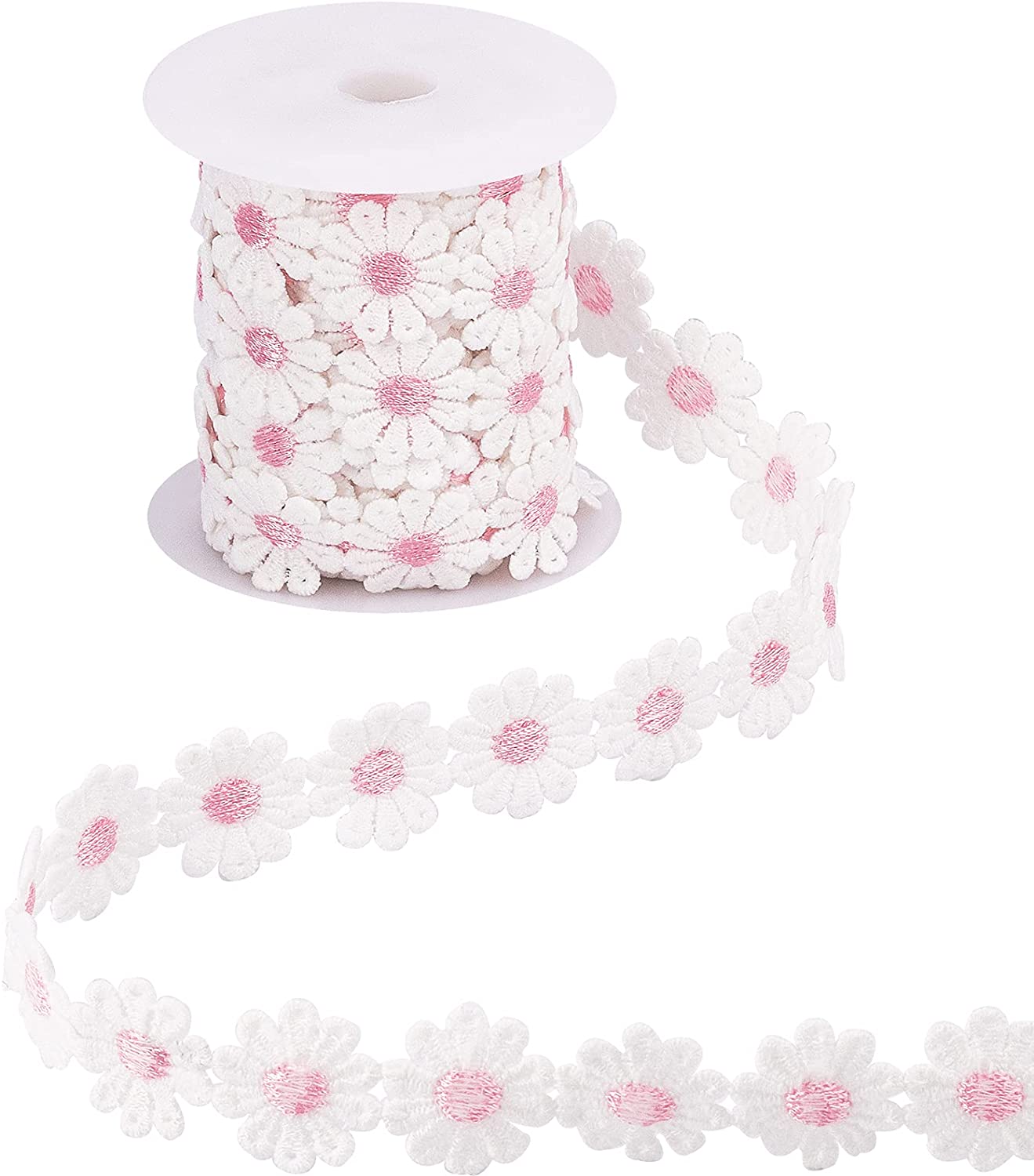 1 Roll 7 Yards Lace Daisy Flower Edging Trim Ribbon, 25mm Wide Polyester Flower Ribbon Appliques with Plastic Spool Sewing Embroidery Crafts for Wedding Dress Clothes Decoration, Pink