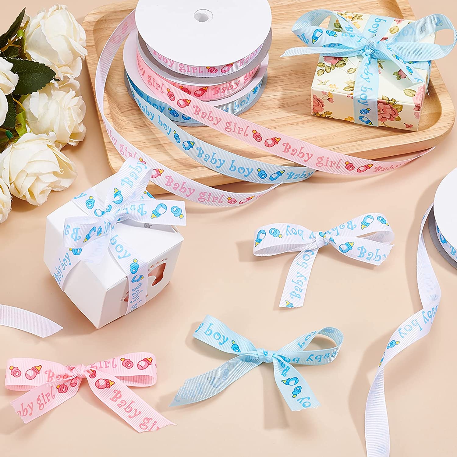 CRASPIRE Baby Shower Ornaments Decorations Word Baby Printed Polyester  Grosgrain Ribbons, Mixed Color, 5/8 inch(14mm); about  20yards/roll(18.29m/roll), 4 colors, 1roll/color, 4rolls/set