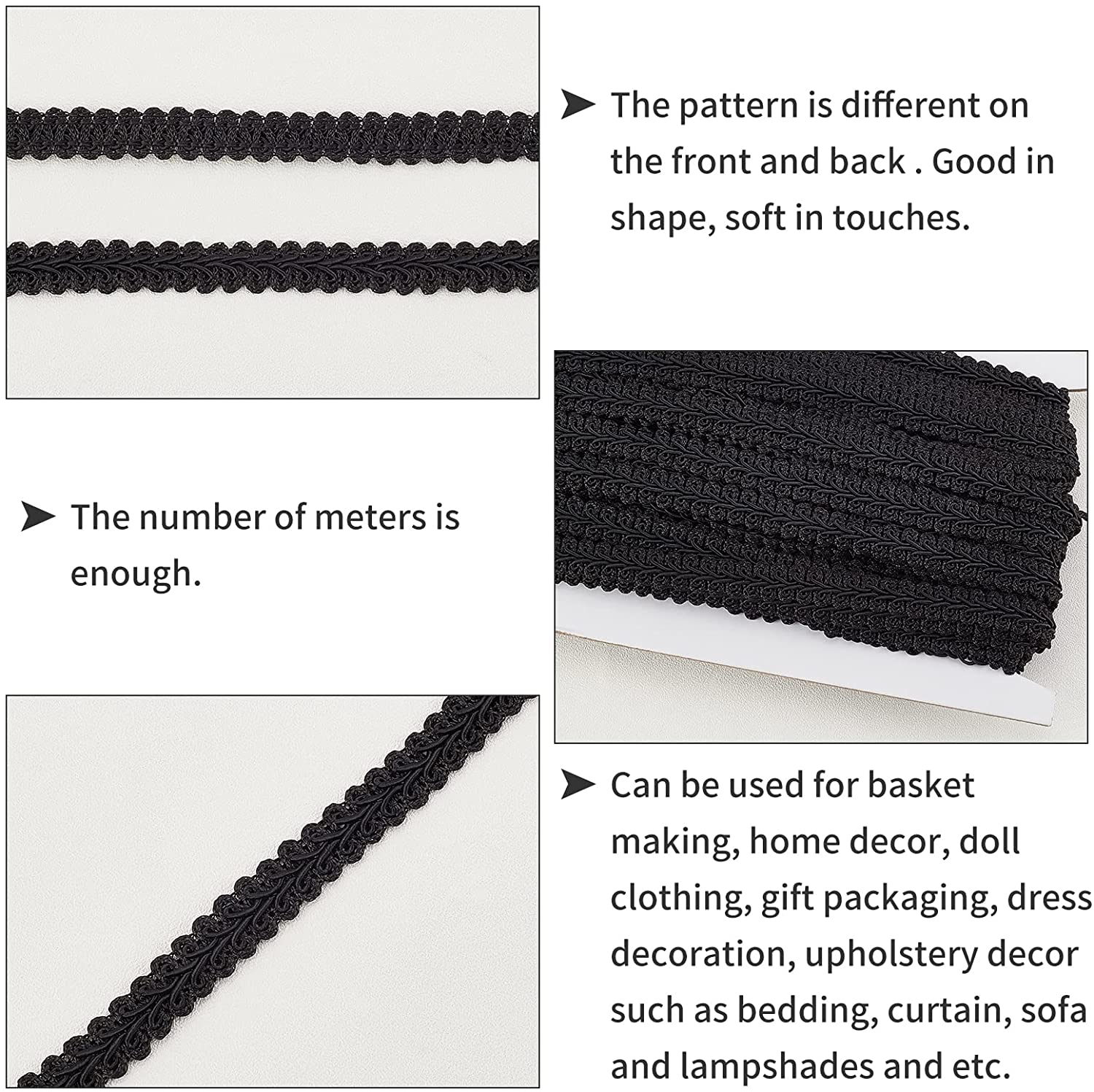 21 Yards Gimp Braid Trim 11mm/0.43 Polyester Woven Braid Trim Fabric Gimp Trim Ribbon for Costume DIY Crafts Sewing Upholstery Home Decoration Accessories, Black