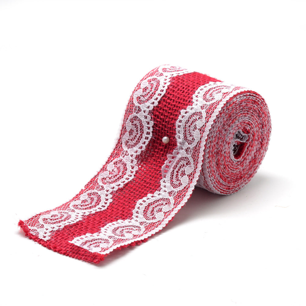 4 inch Red Burlap Ribbon with White Lace Edges - 5 Yards