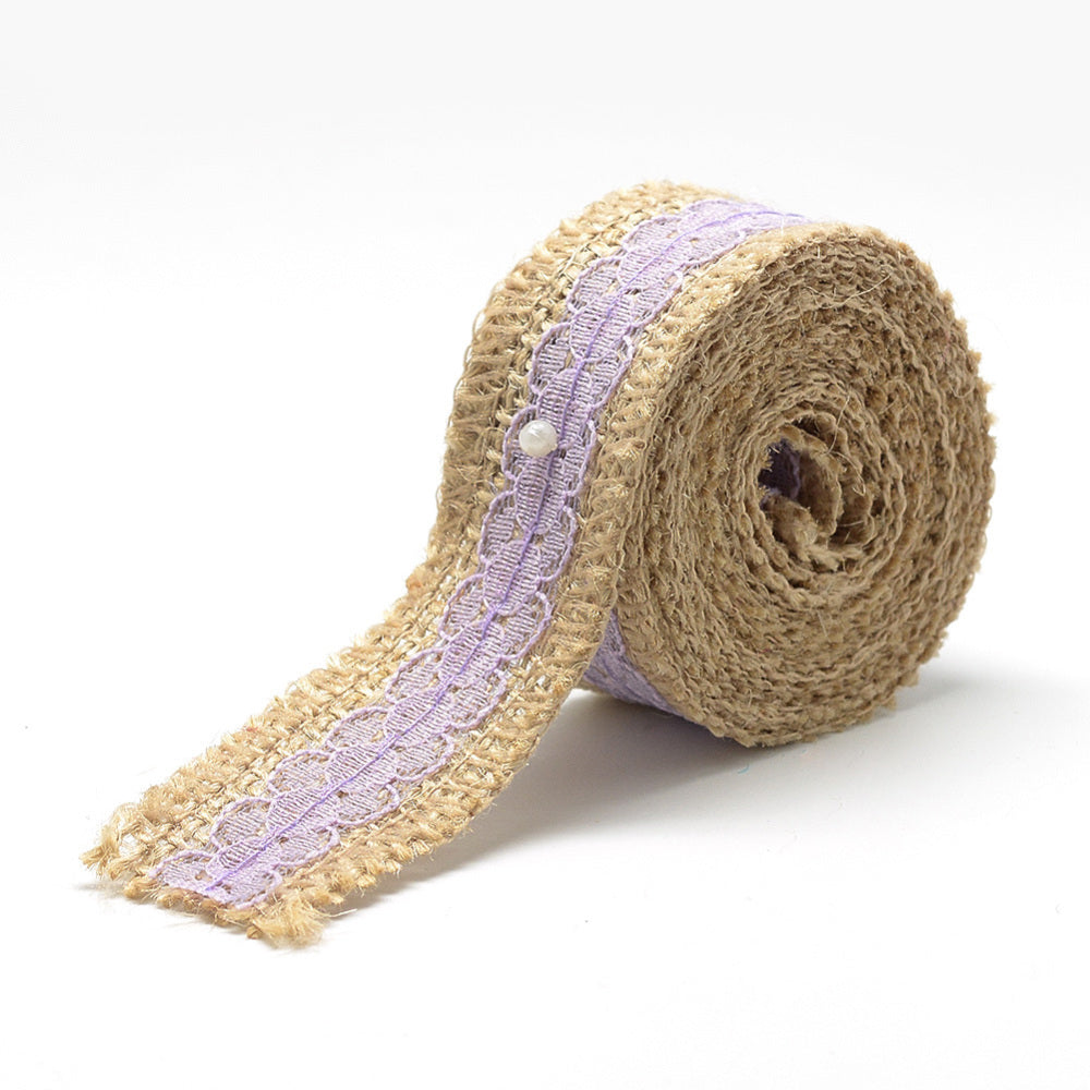 CRASPIRE Burlap Ribbon, Hessian Ribbon, Jute Ribbon, with Lace, for Jewelry  Making, Pink, 1-1/2 inch(38mm), about 2m/roll