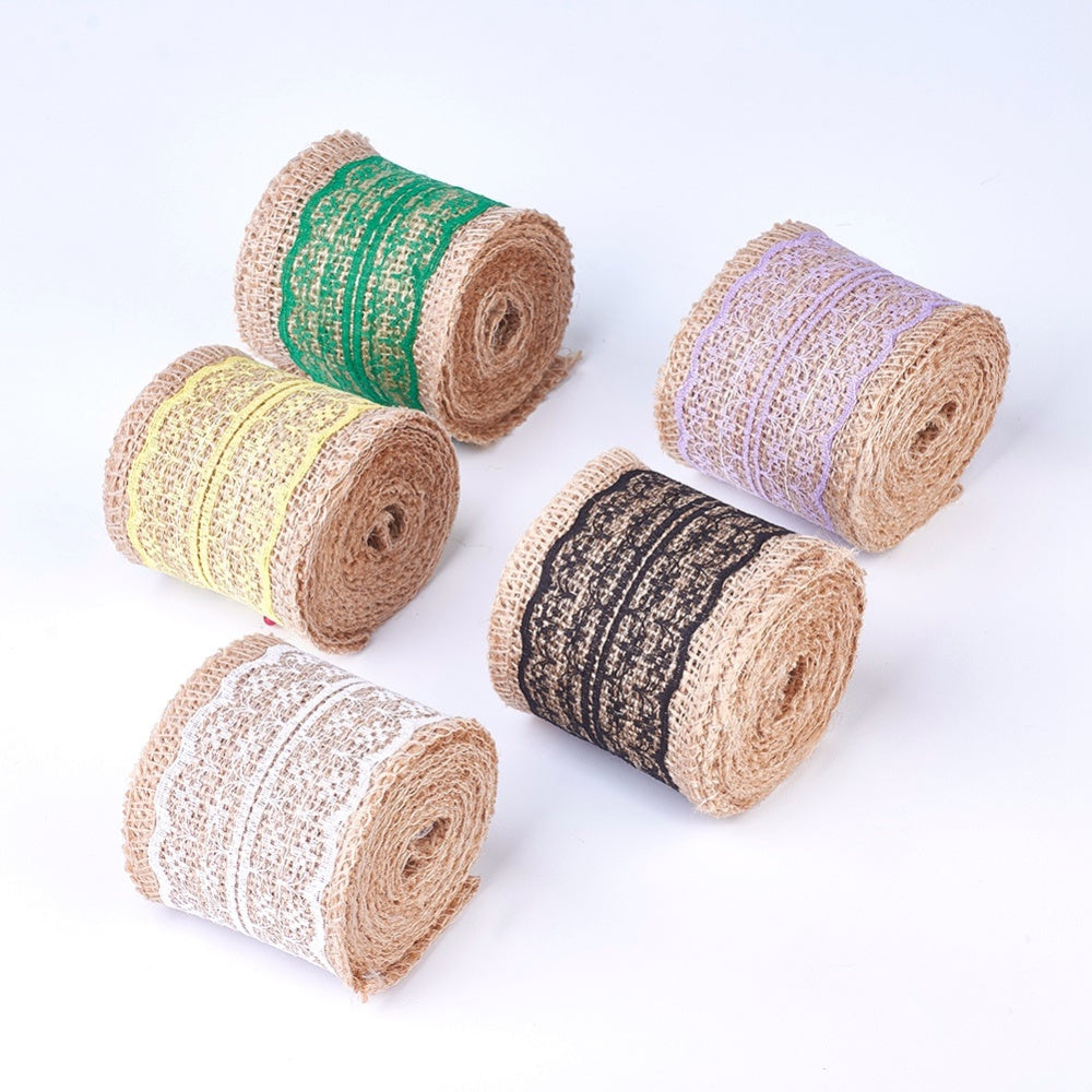 CRASPIRE Burlap Ribbon, Hessian Ribbon, Jute Ribbon, with Cotton Ribbon,  for Jewelry Making, White, 2 inch(50mm), about 2.187yards/roll(2m/roll),  12rolls/bag