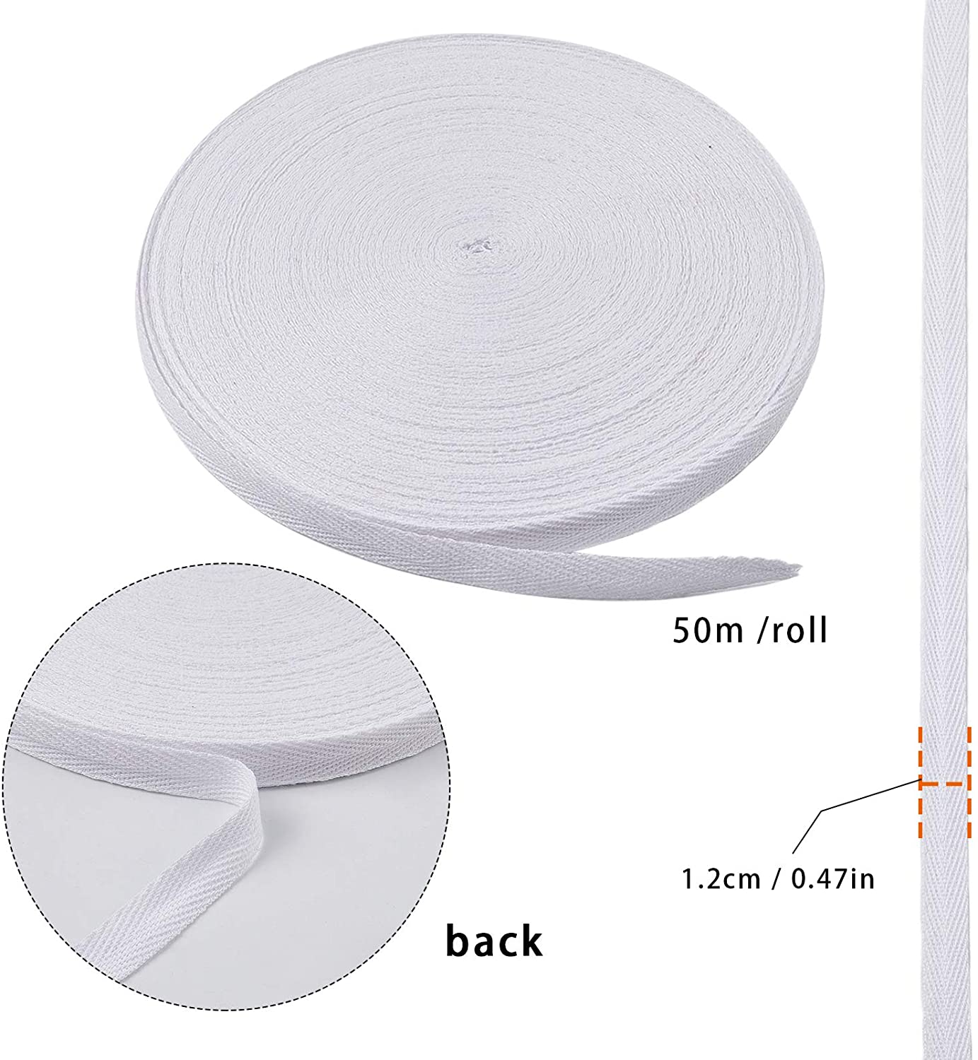 55Yard 1/2 Inch Cotton Twill Tape Fabric Ribbon Herringbone Webbing Bias Binding Tape for DIY Crafts Sewing Gift Wrapping (White)