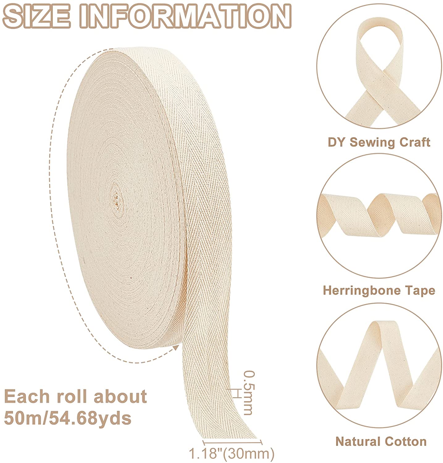 54.68 Yards(50m)/Roll Cotton Tape Ribbons, Herringbone Cotton Webbings, 30mm Wide Flat Cotton Herringbone Cords for Knit Sewing DIY Crafts, Antique White