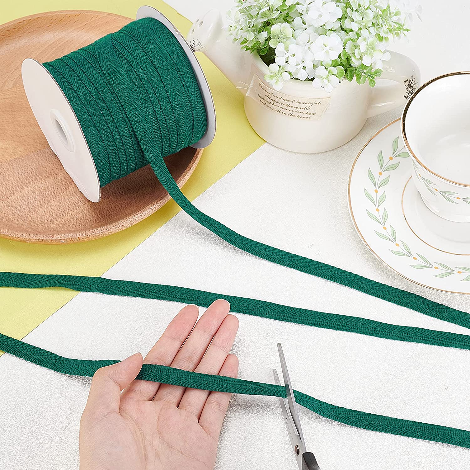 80 Yards(73.15m)/Roll Cotton Tape Ribbons, Herringbone Cotton Webbings, 11mm Wide Flat Cotton Herringbone Cords for Knit Sewing DIY Crafts, Dark Green