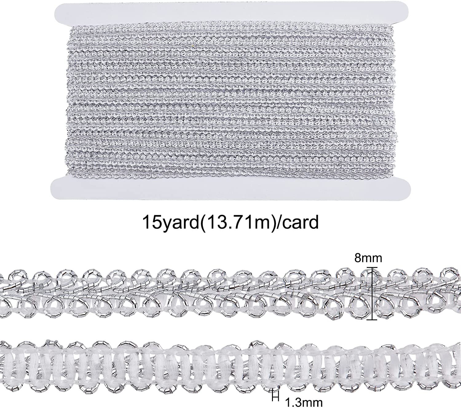 15 Yards Metallic Braid Lace Trim, Flower Pattern Silver Centipede Lace Ribbon Decorated Gimp Trim for Wedding Bridal, Costume or Jewelry, Crafts and Sewing 1/4(8mm) x1.3mm