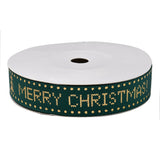 1 Roll Flat Christmas Theme Polyester Grosgrain Ribbon, Hot Stamping Ribbon, Clothes Accessories, Dark Green, Merry Christmas, Word, 5/8 inch(16.5mm), about 9.84 Yards(9m)/Roll