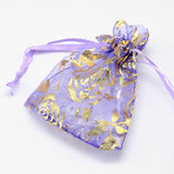 1 Bag Gold Stamping Rose Flower Rectangle Organza Gift Bags, Jewelry Packing Drawable Pouches, Mixed Color, 9x7cm