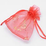 1 Bag Gold Stamping Butterfly Rectangle Organza Gift Bags, Jewelry Packing Drawable Pouches, Mixed Color, 9x7cm