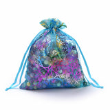 100 pc Organza Gift Bags, Drawstring Bags, with Colorful Coral Pattern, Rectangle, Dark Turquoise, 20x15cm