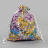 100 pc Organza Gift Bags, Drawstring Bags, with Colorful Coral Pattern, Rectangle, White, 12x9cm