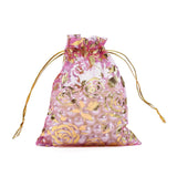 100 pc Rose Printed Organza Bags, Gift Bags, Rectangle, Orchid, 12x10cm