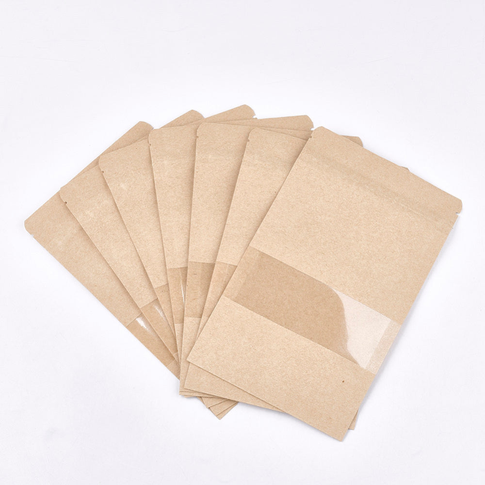 100 pc Resealable Kraft Paper Bags Resealable Bags Small Kraft Paper Stand up Pouch with Window Navajo White 20x12cm