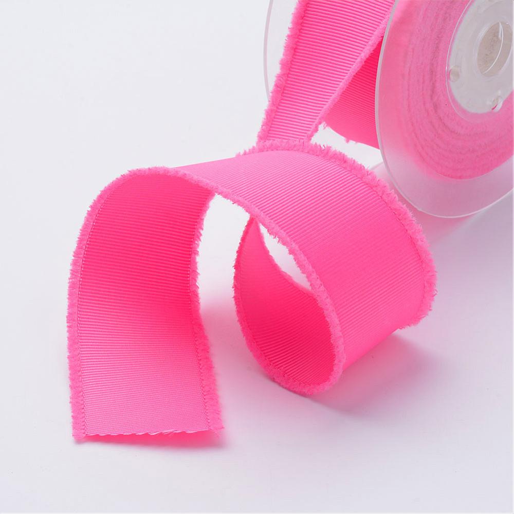 CRASPIRE 1 Roll Polyester Frayed Grosgrain Ribbons, Printed, with Fringe  Tassel, Hot Pink, 1-1/2 inch(38mm), about 50yards/roll(45.72m/roll)