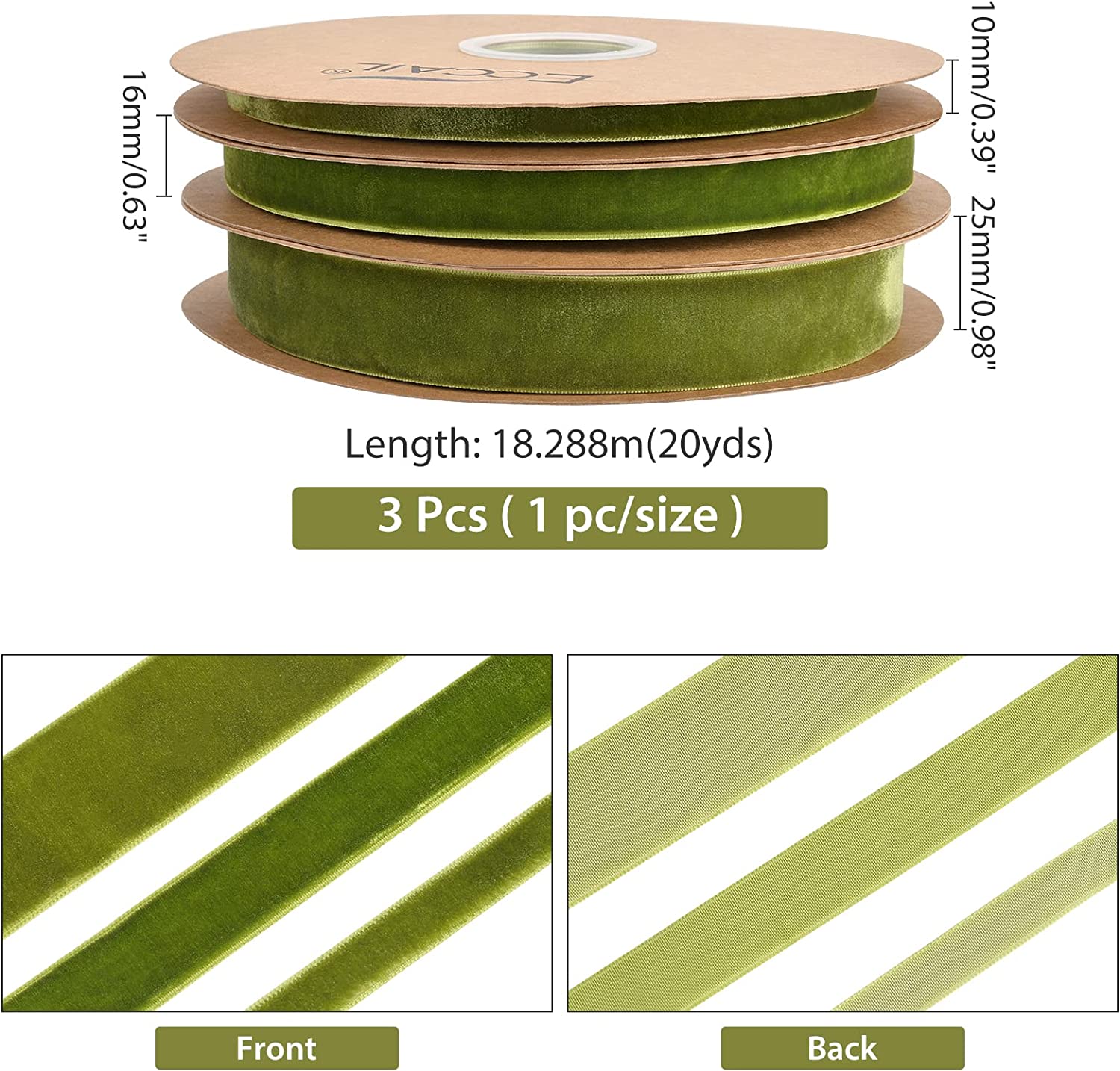 60 Yards 3 Styles Single Side Velvet Ribbon, Polyester Satin Ribbon Roll Trim Spool Single Face Ribbon for Wedding Gift Wrapping Hair Bows Flower Arranging Home Decorating (Green Series)