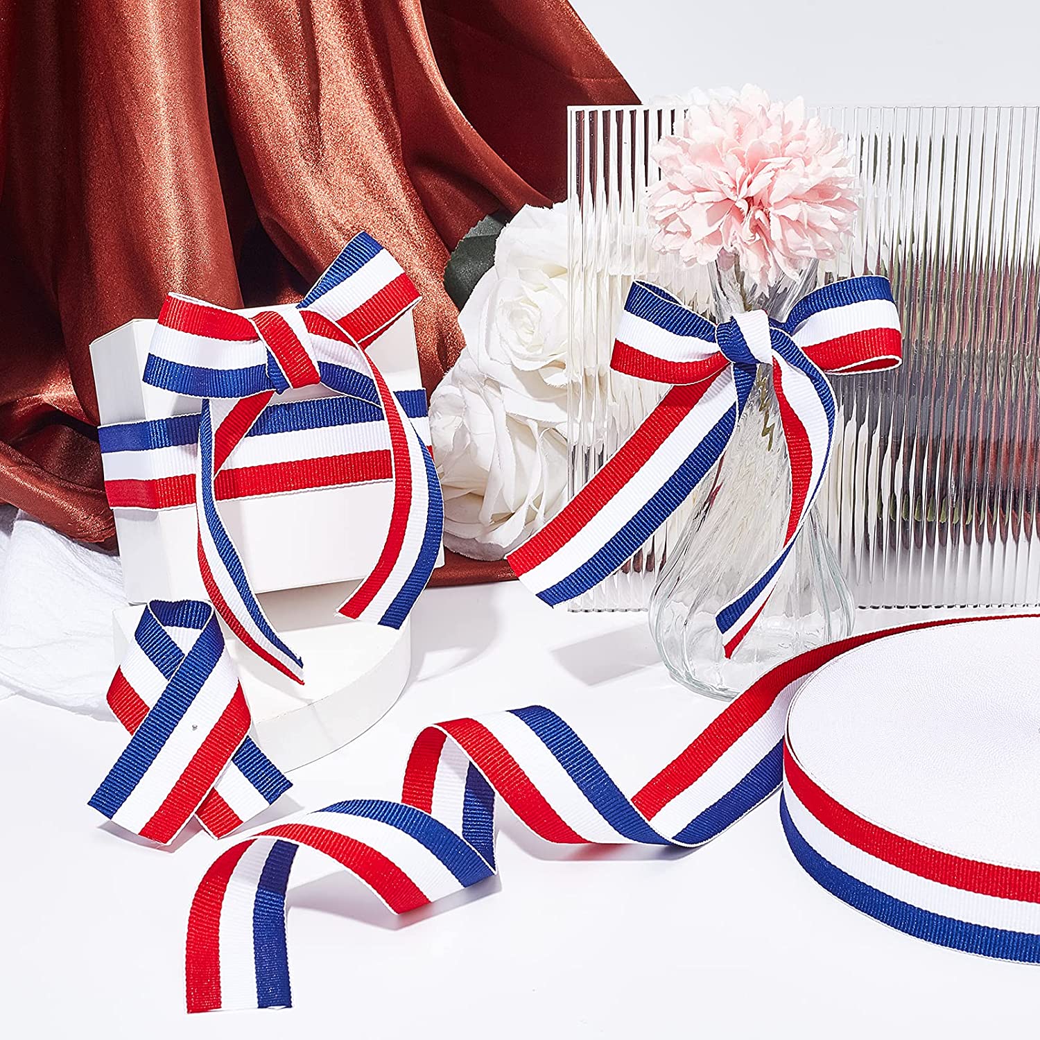1.1 Inch American Fag Ribbon, Red White Blue Striped Grosgrain Ribbon Patriotic Craft Ribbon for Christmas Holiday New Year Party Decoration Gift Wrapping Crafting Sewing