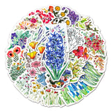 Craspire 50Pcs Mixed Styles Flower Pattern Waterproof PVC Plastic Stickers, Self Adhesive Picture Stickers, for Water Bottles, Laptop, Luggage, Cup, Computer, Mobile Phone, Skateboard, Guitar Stickers, Mixed Color, 55~85mm