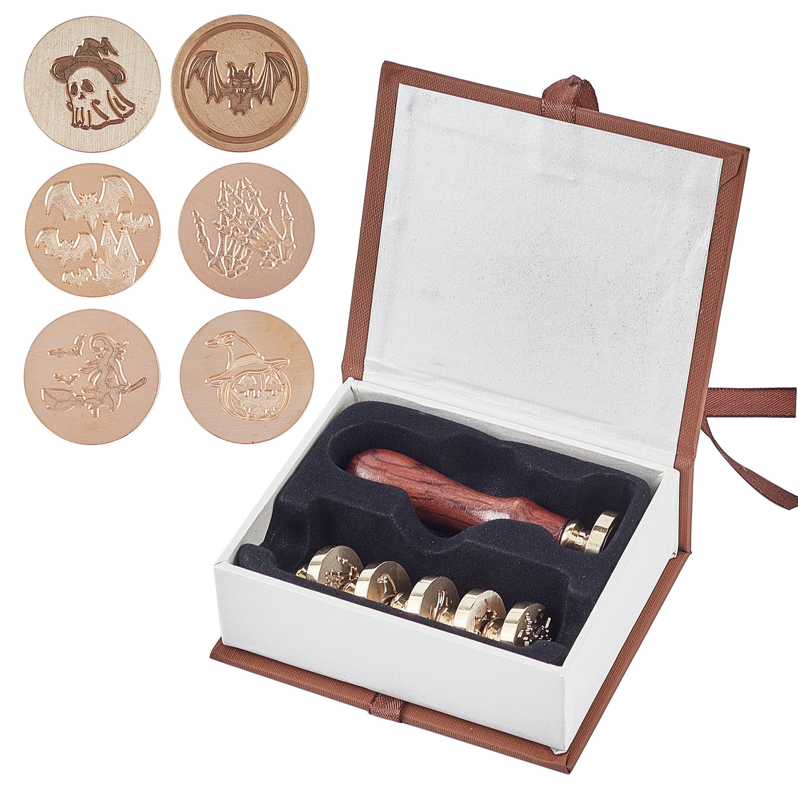 Wax Seal Stamp Set (6pcs Brass Stamps Head, 1pc Wood Handle,Envelop) Halloween Theme-2