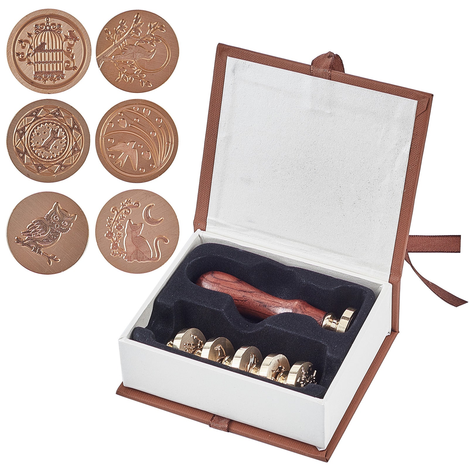 Wax Seal Stamp Set (6pcs Brass Stamps Head, 1pc Wood Handle,Envelop) Animal Theme