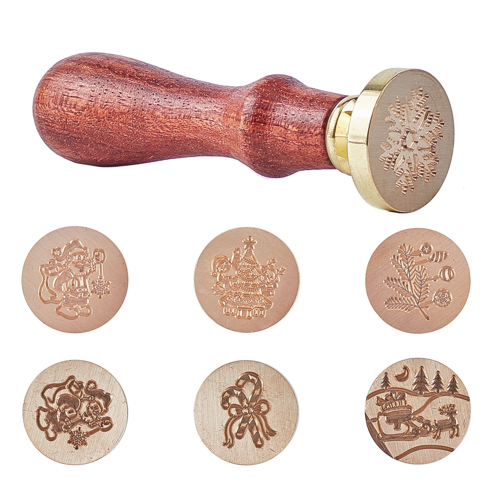Wax Seal Stamp Set (6pcs Brass Stamps Head, 1pc Wood Handle,Envelop) Christmas Theme