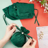 12 pc Velvet Jewelry Bags with Drawstring & Plastic Imitation Pearl, Velvet Cloth Gift Pouches, Dark Green, 13.2x14x0.4cm
