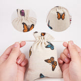 5 pc Polycotton(Polyester Cotton) Packing Pouches Drawstring Bags, with Printed Butterfly, Wheat, 14x10cm