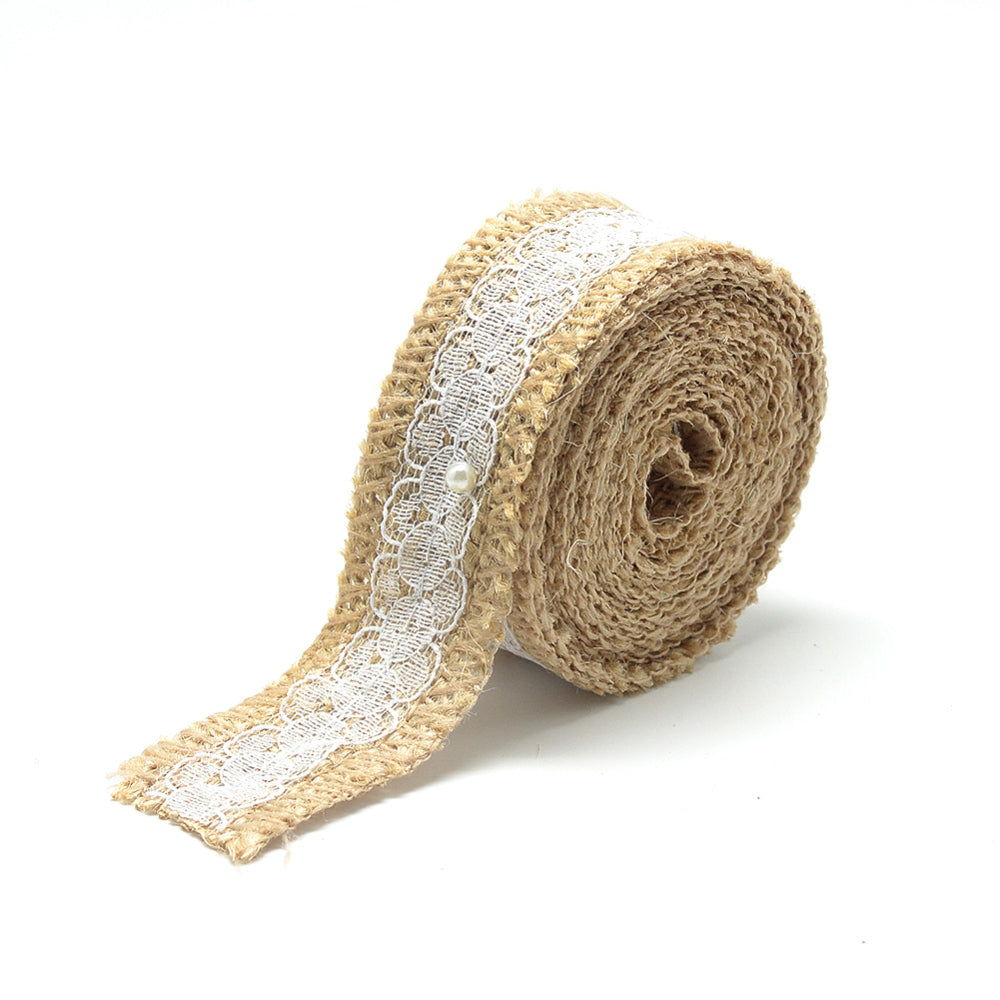 CRASPIRE Burlap Ribbon, Hessian Ribbon, Jute Ribbon, with Cotton Ribbons,  for Jewelry Making, Tan, 2 inch(50mm), about 2.187yards/roll(2m/roll)