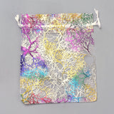 100 pc Organza Gift Bags, Drawstring Bags, with Colorful Coral Pattern, Rectangle, White, 15x10cm