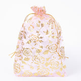 10 pc Rose Printed Organza Bags, Gift Bags, Rectangle, Pearl Pink, 18x13cm