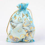 10 pc Heart Printed Organza Bags, Gift Bags, Rectangle, Light Sky Blue, 18x13cm