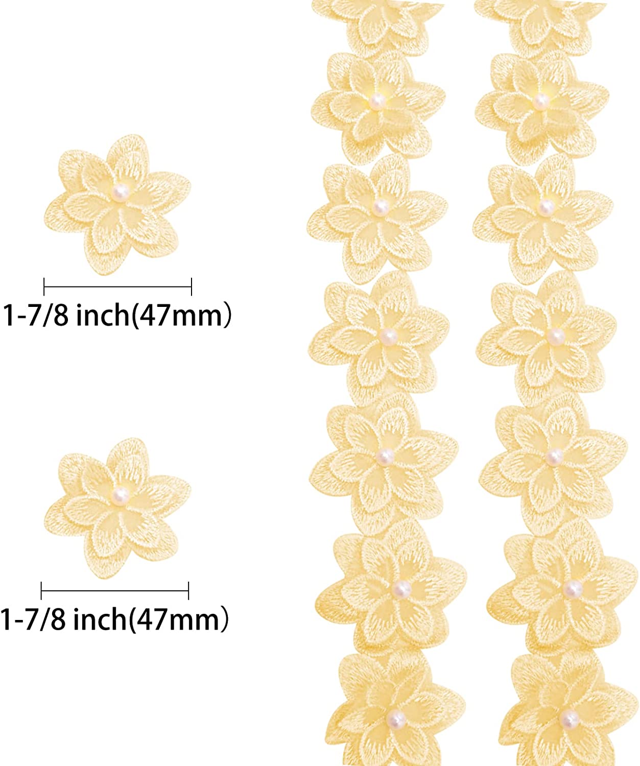 5 Yards Organza Flower Lace Ribbon Floral Vintage Pearl Edging Trimmings Embroidered Edge Trim Fabric Applique for Sewing Costumes Gowns Home Decor DIY Crafts Supplies,Yellow