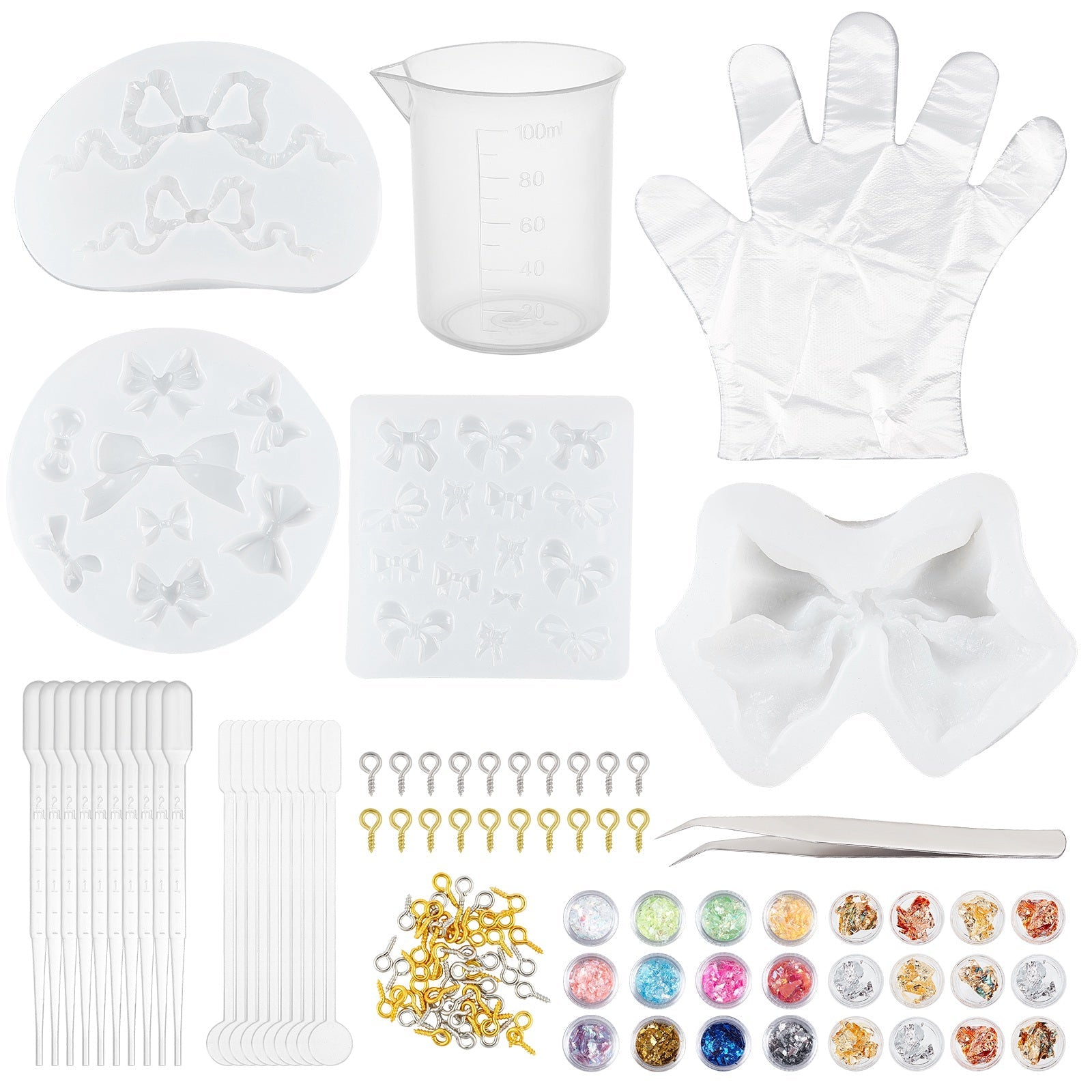 CRASPIRE DIY Bowknot Silicone Molds Kits, with Resin Casting Molds, Iron  Screw Eye Pin Peg Bails, 304 Stainless Steel Beading Tweezer, Measuring  Cup, Nail Art Sequins/Paillette, Disposable Plastic Transfer Pipettes,  Disposable Gloves