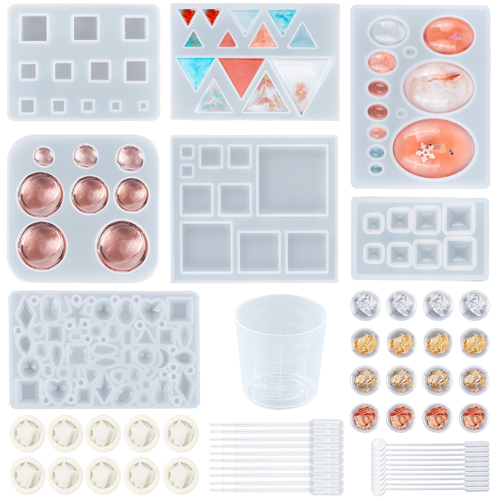 DIY Cabochons Makins, with Silicone Molds, Tinfoil, Plastic Measuring Cup & Stirring Rod & Pipettes, Latex Finger Cots, Mixed Color, 66x40x8mm - CRASPIRE