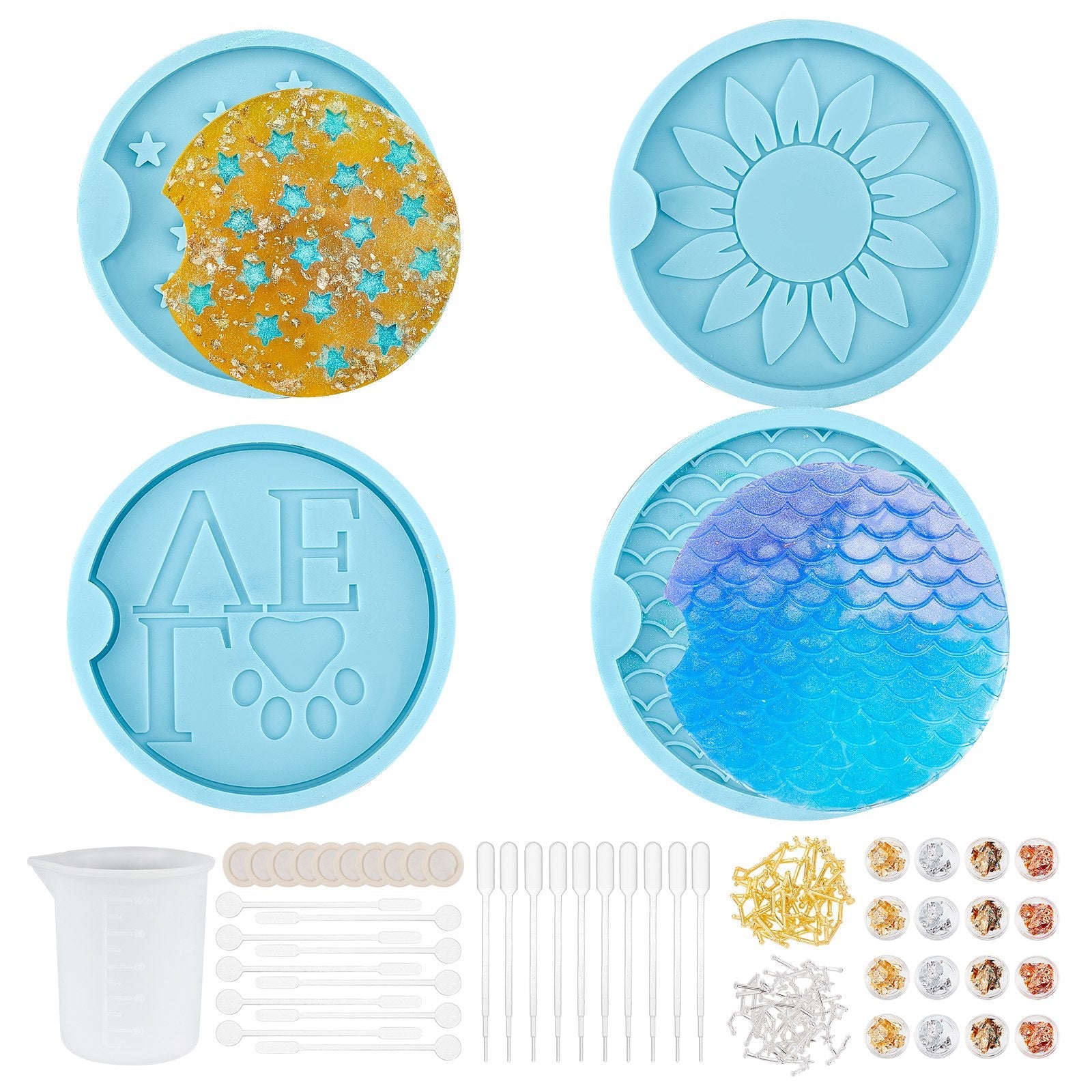 DIY Car Coaster Silicone Molds Kits, Zinc Alloy Cabochons, Stirring Rod, 100ml Measuring Cup Silicone Glue Tools, Disposable Latex Finger Cots, Mixed Color, 72x8.5mm, Inner Size: 60x64.5mm, 1pc - CRASPIRE