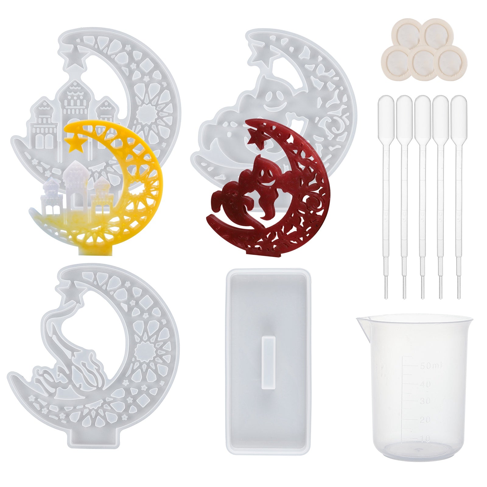 CRASPIRE DIY Crescent Castle Silicone Molds Kits, for UV Resin, Epoxy Resin,  Desktop Decorations Making, with Latex Finger Cots, Plastic Measuring Cup &  Pipettes, White, 110x126x25.5mm