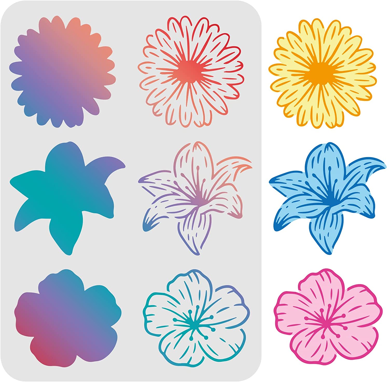 Layered Flowers Pattern Drawing Painting Stencils (11.6x8.3inch) Lilien/Hibiscus/Chrysanthemum Decoration Drawing Stencils for Painting on Wood, Floor, Wall and Fabric - CRASPIRE