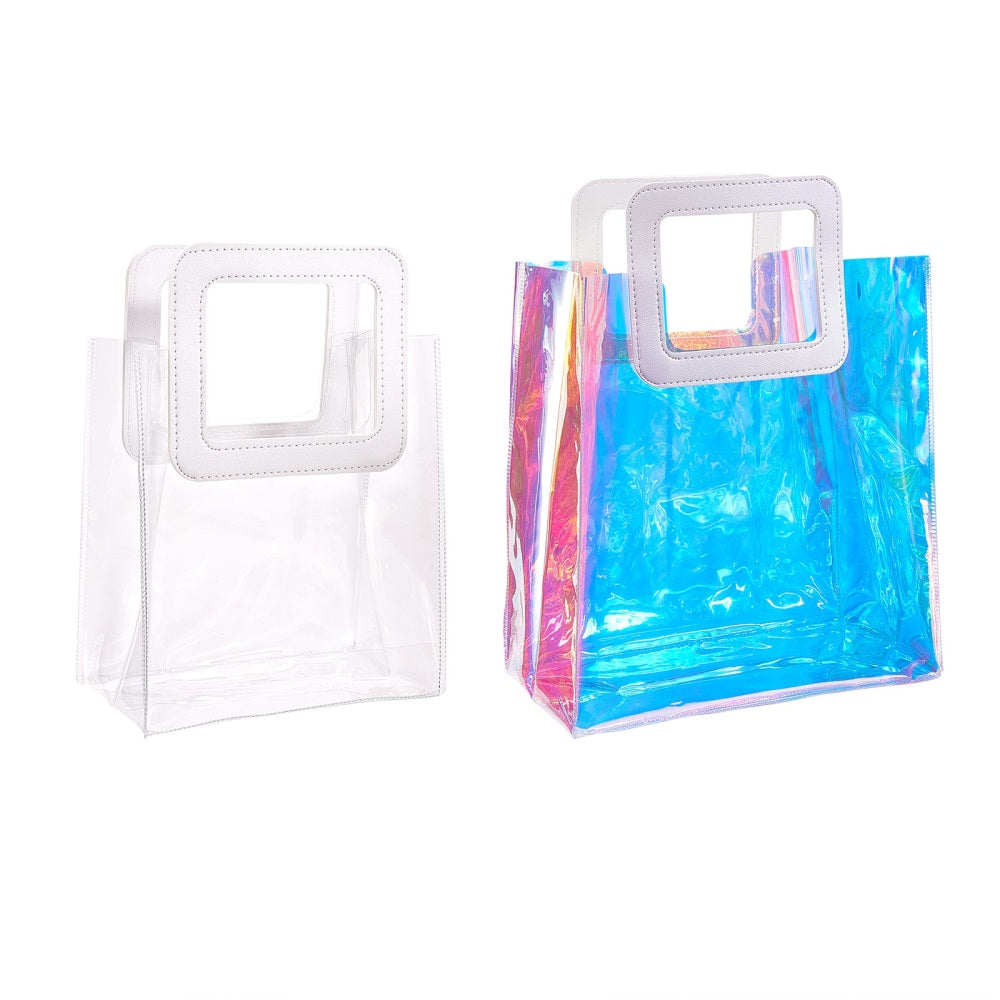 CRASPIRE 1 Set PVC Laser Transparent Bag, Tote Bag, with PU Leather Handles, for Gift or Present Packaging, Rectangle, White, Finished Product
