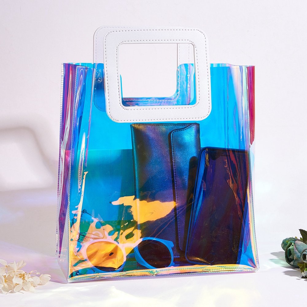 CRASPIRE 1 Set PVC Laser Transparent Bag, Tote Bag, with PU Leather  Handles, for Gift or Present Packaging, Rectangle, White, Finished Product:  25.5x18x10cm, 2pcs/set